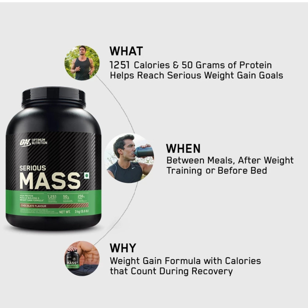 Optimum Nutrition (ON) Serious Mass High Protein Weight Gain Powder(Veg)- 3 kg (Chocolate) with 23+ Vitamins-Minerals, Glutamine & 3g Creatine.