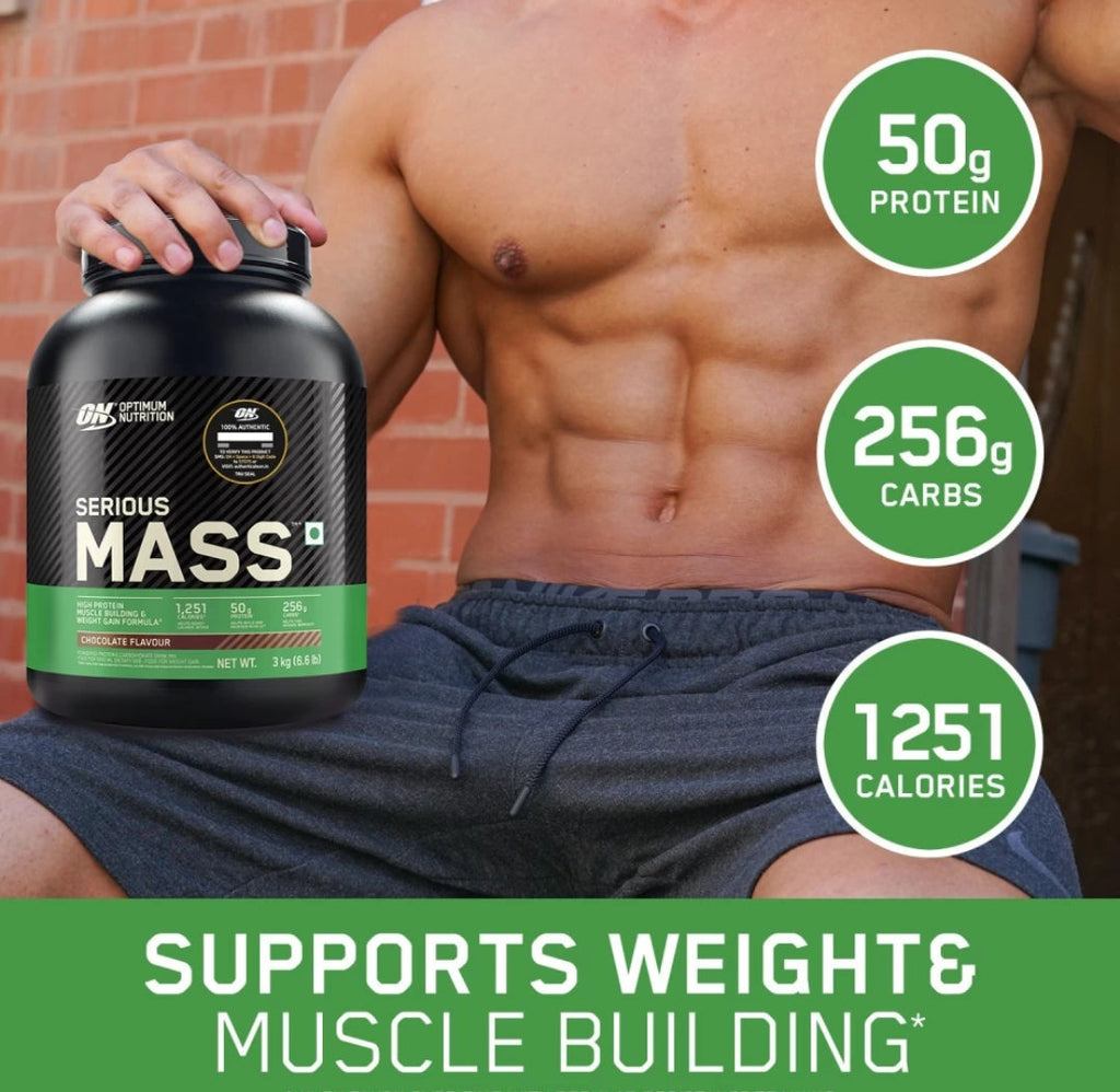 Optimum Nutrition (ON) Serious Mass High Protein Weight Gain Powder(Veg)- 3 kg (Chocolate) with 23+ Vitamins-Minerals, Glutamine & 3g Creatine.