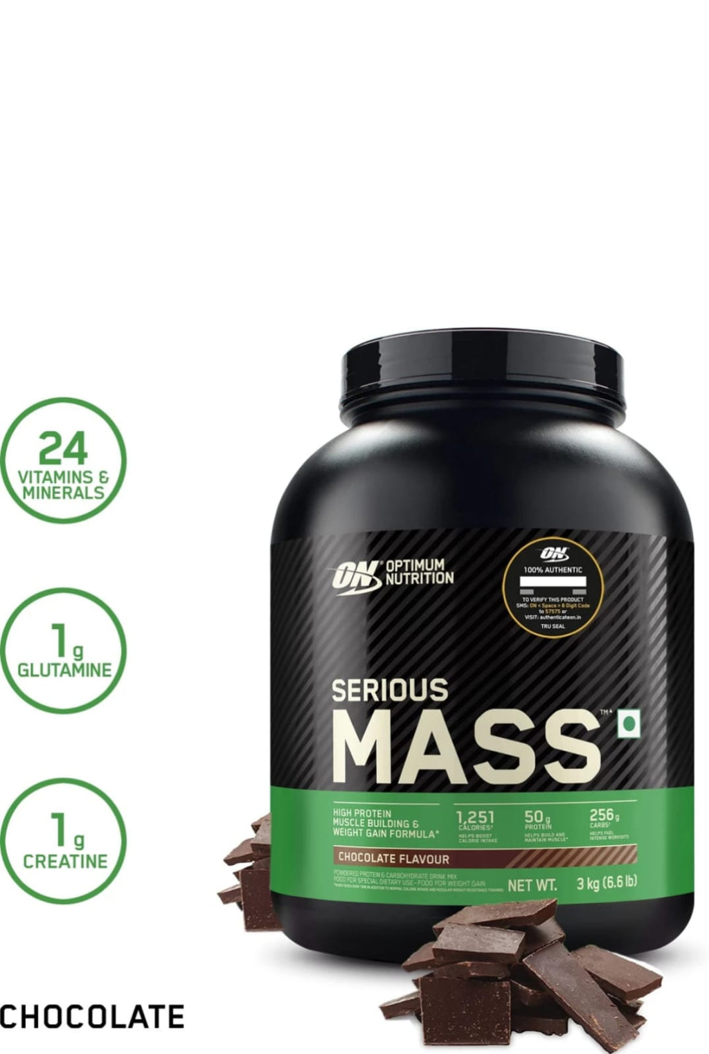 Optimum Nutrition (ON) Serious Mass High Protein Weight Gain Powder(Veg)- 3 kg (Chocolate) with 23+ Vitamins-Minerals, Glutamine & 3g Creatine.